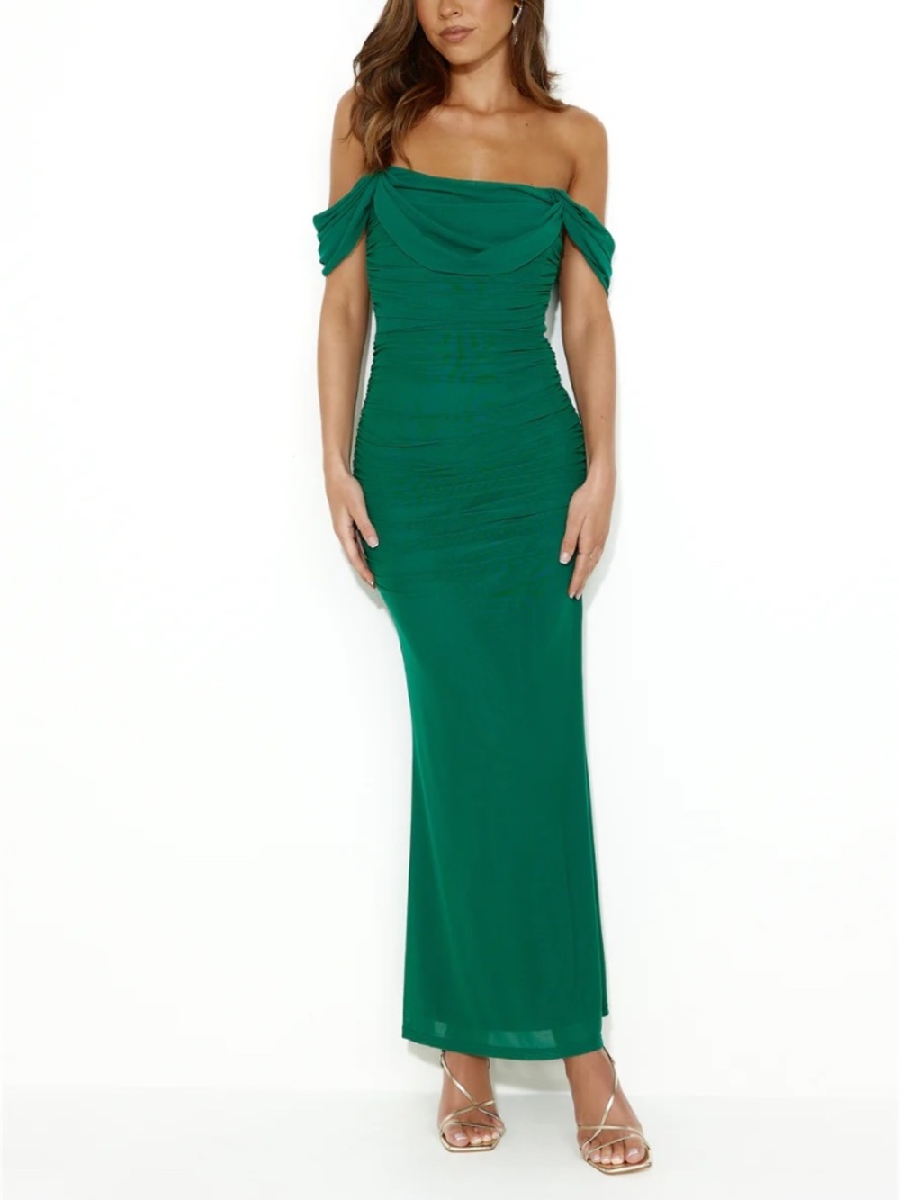 HELLO MOLLY Emerald Green Your Brilliance Mesh Off-Shoulder Maxi Dress